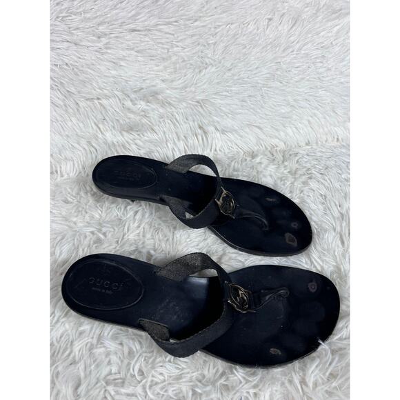 Gucci Shoes Womens Size 8 Black Logo Leather Sandals Slide Thong Made in Italy - Picture 2 of 14